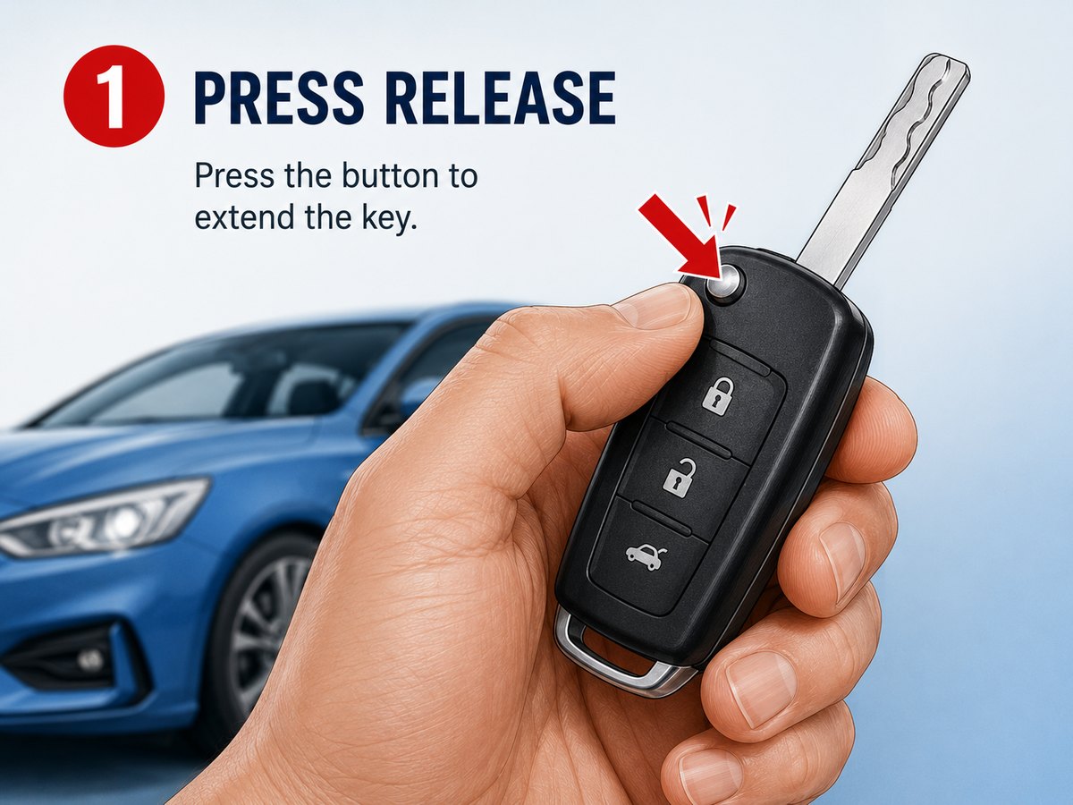 Pressing the release button on a flip key to extend the blade